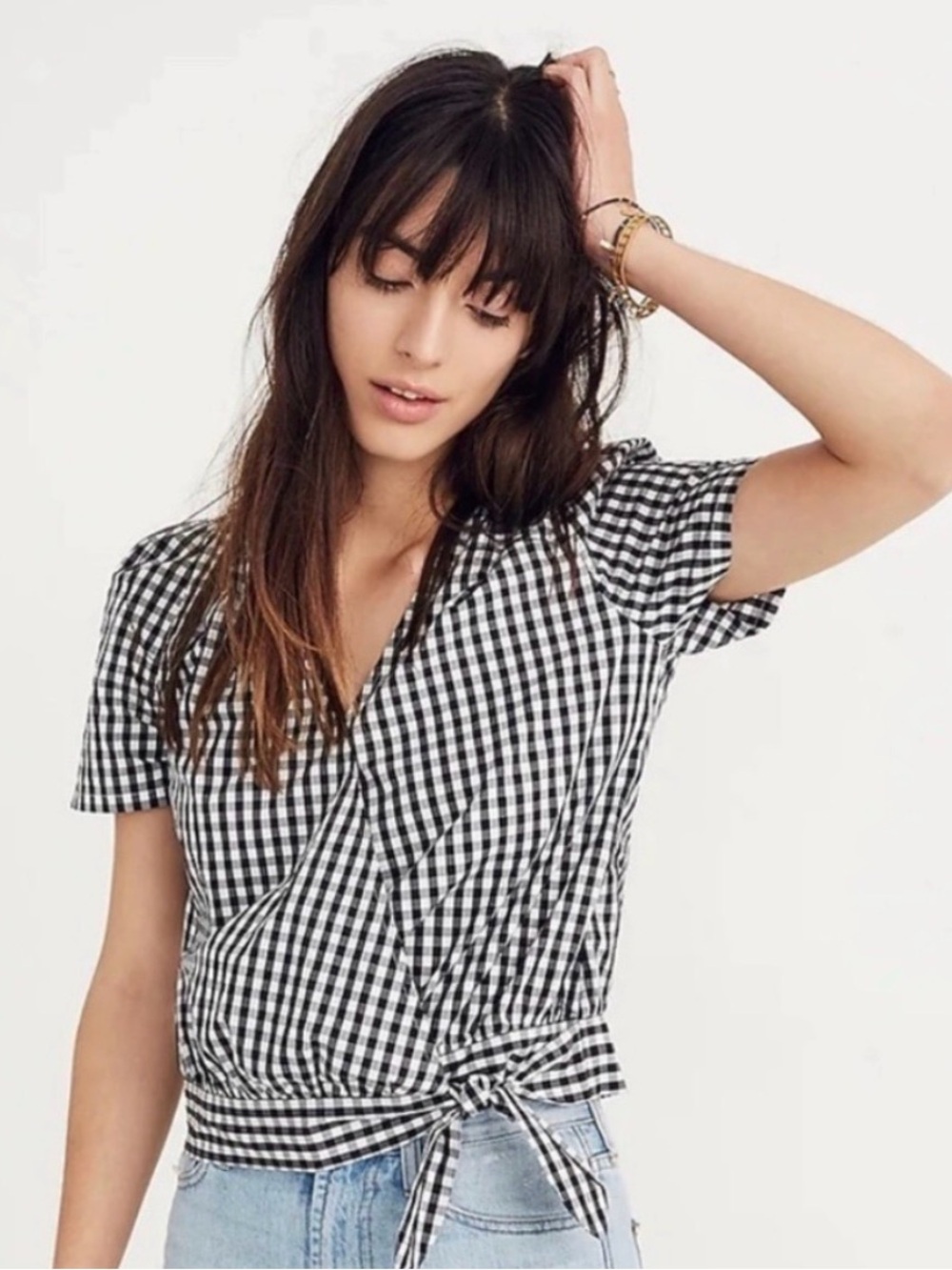 Madewell Black and White Gingham Tie-Waist Blouse